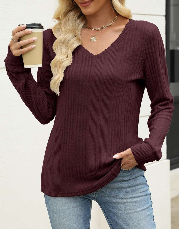 ANRABESS Womens Long Sleeve Shirts V Neck Tunic Tops Ribbed Knit Lightweight Sweaters 2025 Fall Dressy Casual Blouses