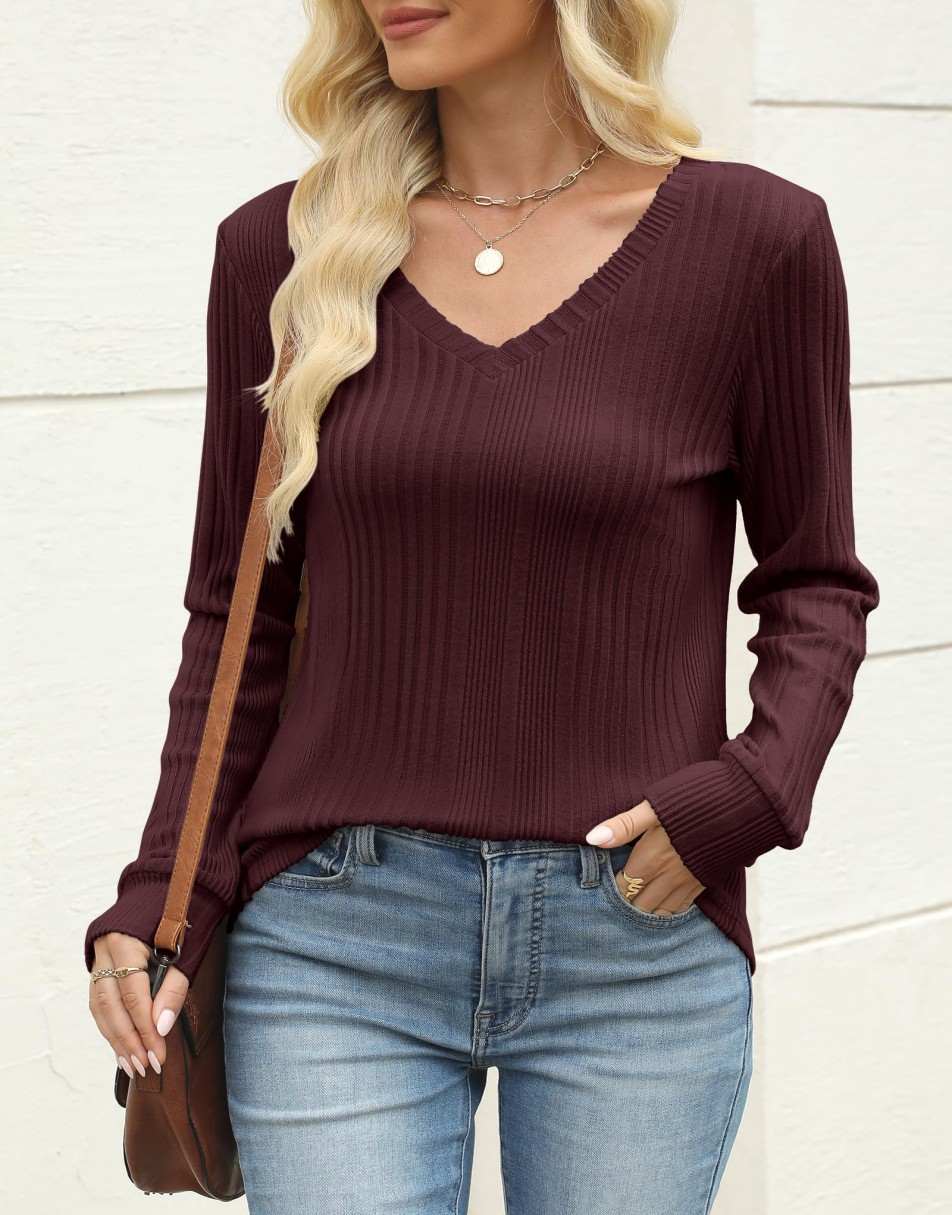 ANRABESS Womens Long Sleeve Shirts V Neck Tunic Tops Ribbed Knit Lightweight Sweaters 2025 Fall Dressy Casual Blouses