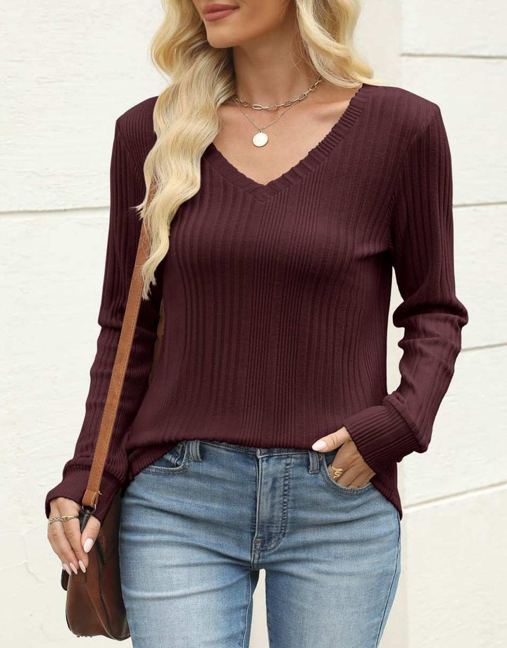 ANRABESS Womens Long Sleeve Shirts V Neck Tunic Tops Ribbed Knit Lightweight Sweaters 2025 Fall Dressy Casual Blouses