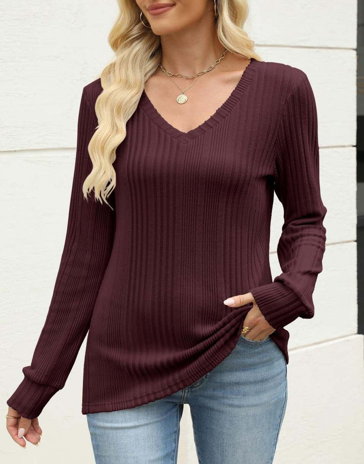 ANRABESS Womens Long Sleeve Shirts V Neck Tunic Tops Ribbed Knit Lightweight Sweaters 2025 Fall Dressy Casual Blouses