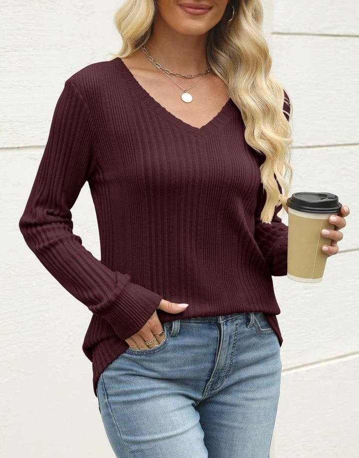 ANRABESS Womens Long Sleeve Shirts V Neck Tunic Tops Ribbed Knit Lightweight Sweaters 2025 Fall Dressy Casual Blouses