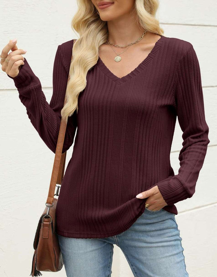 ANRABESS Womens Long Sleeve Shirts V Neck Tunic Tops Ribbed Knit Lightweight Sweaters 2025 Fall Dressy Casual Blouses