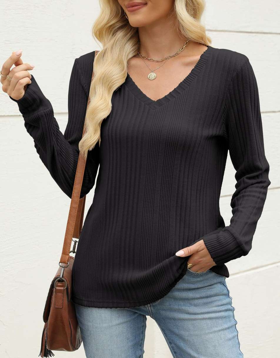 ANRABESS Womens Long Sleeve Shirts V Neck Tunic Tops Ribbed Knit Lightweight Sweaters 2025 Fall Dressy Casual Blouses