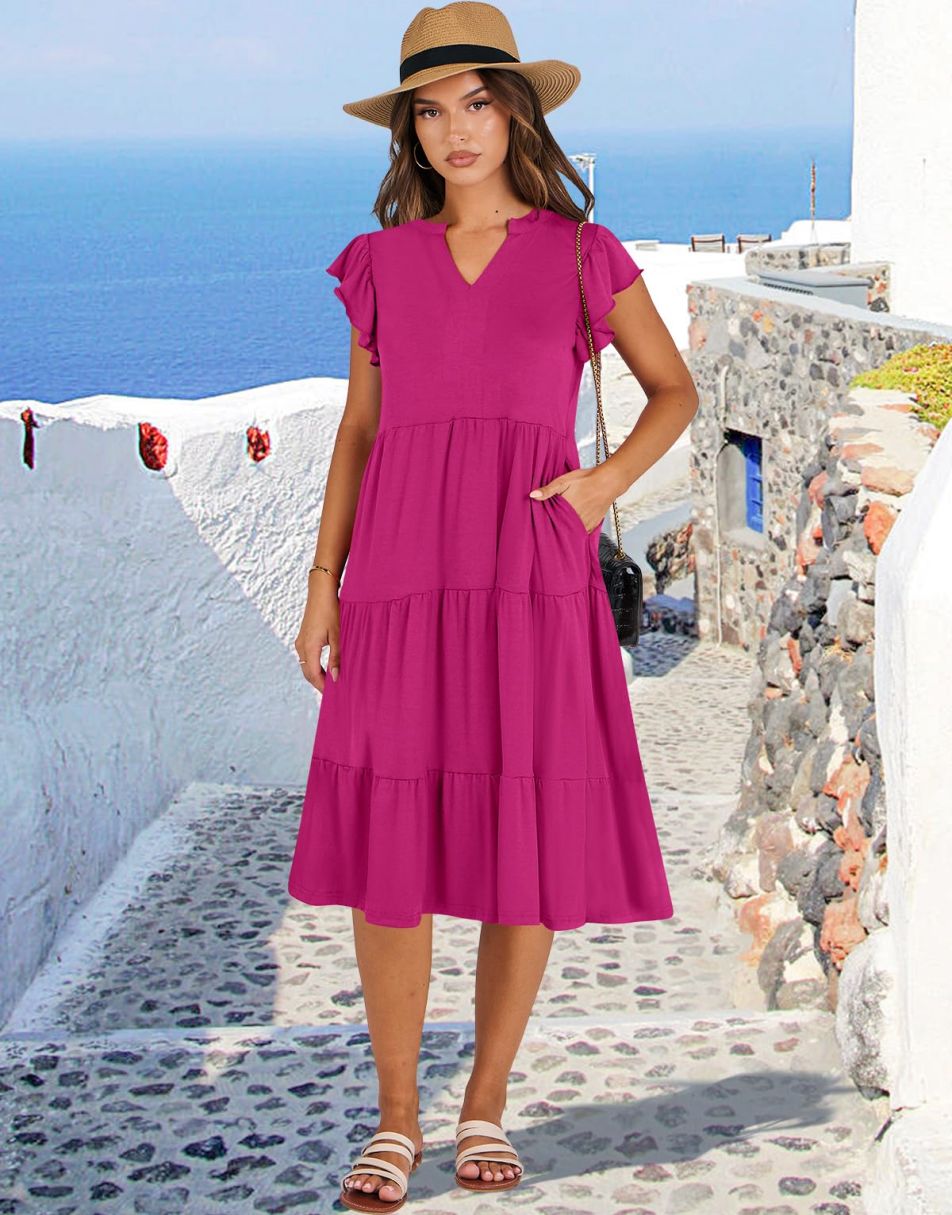 ANRABESS Womens Summer Ruffle Sleeve V Neck Midi Dress 2024 Fashion Casual Fit Flowy Tiered Boho Beach Vacation Sundress