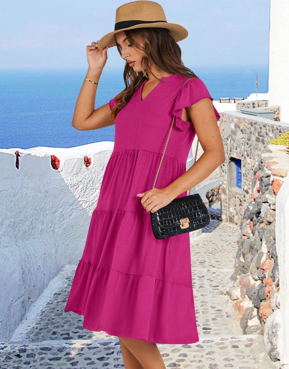 ANRABESS Womens Summer Ruffle Sleeve V Neck Midi Dress 2024 Fashion Casual Fit Flowy Tiered Boho Beach Vacation Sundress