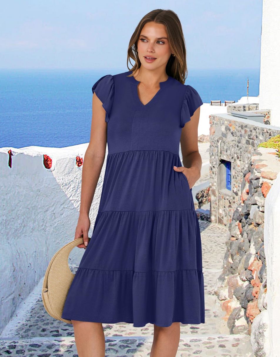 ANRABESS Womens Summer Ruffle Sleeve V Neck Midi Dress 2024 Fashion Casual Fit Flowy Tiered Boho Beach Vacation Sundress