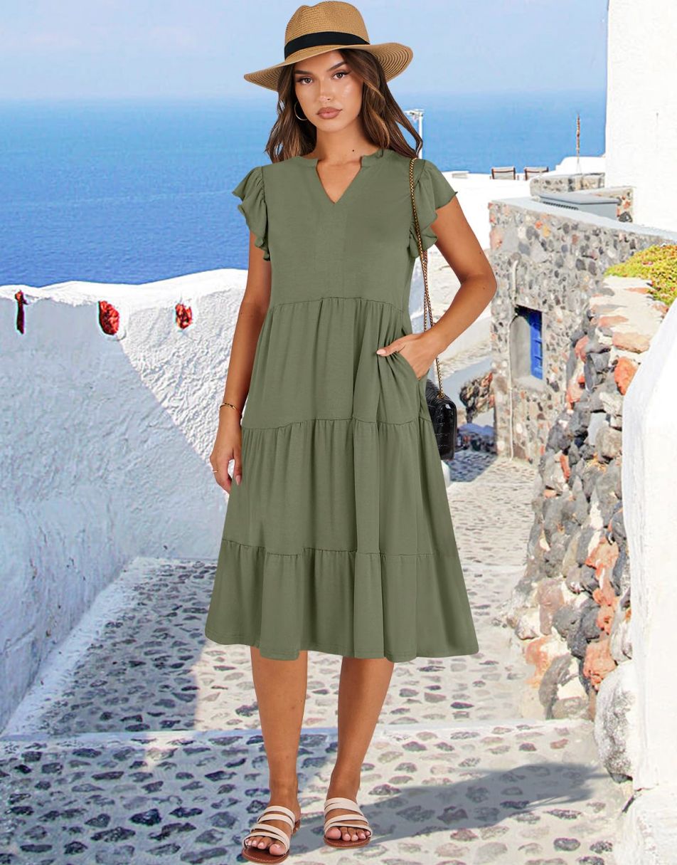 ANRABESS Womens Summer Ruffle Sleeve V Neck Midi Dress 2024 Fashion Casual Fit Flowy Tiered Boho Beach Vacation Sundress