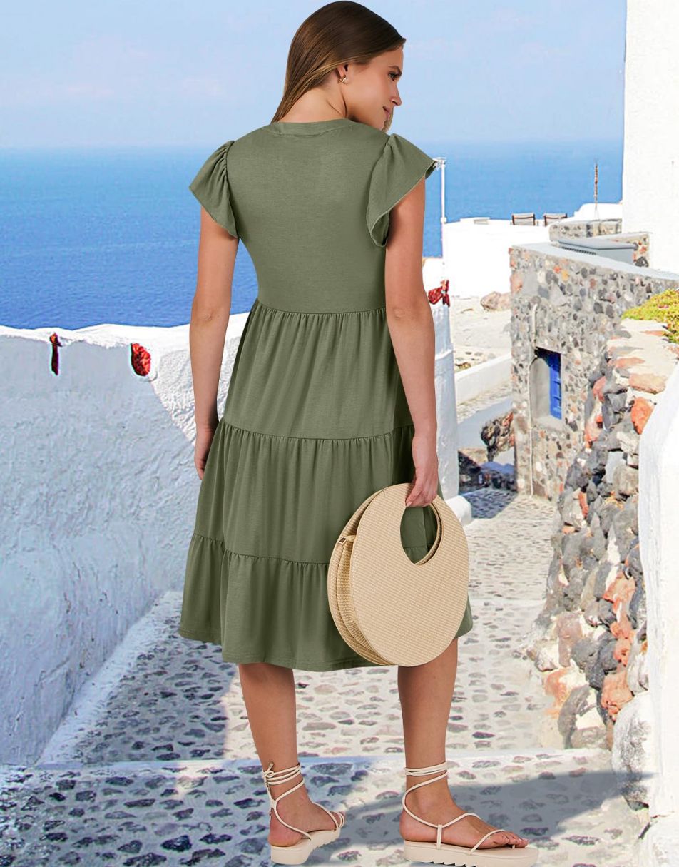 ANRABESS Womens Summer Ruffle Sleeve V Neck Midi Dress 2024 Fashion Casual Fit Flowy Tiered Boho Beach Vacation Sundress