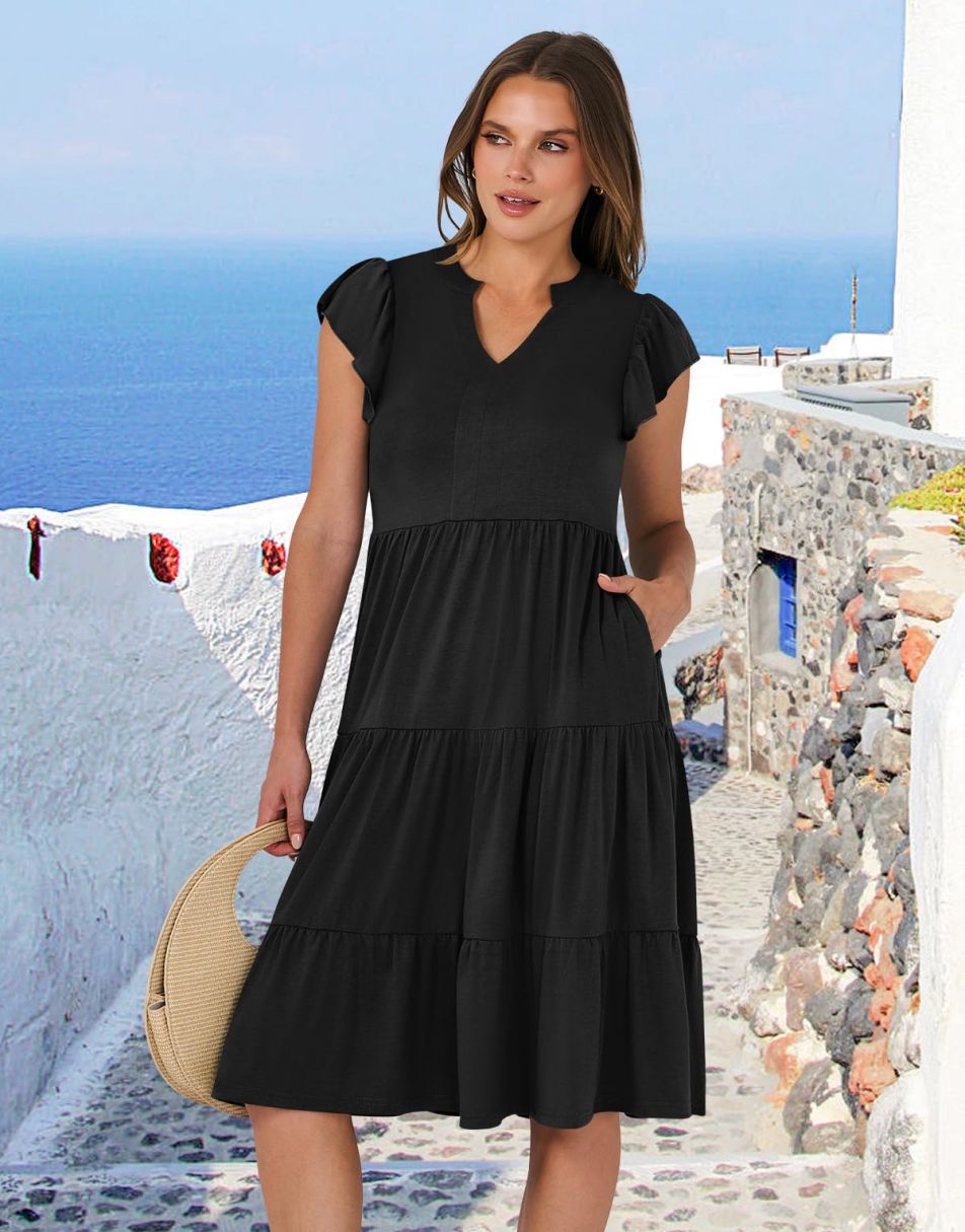 ANRABESS Womens Summer Ruffle Sleeve V Neck Midi Dress 2024 Fashion Casual Fit Flowy Tiered Boho Beach Vacation Sundress