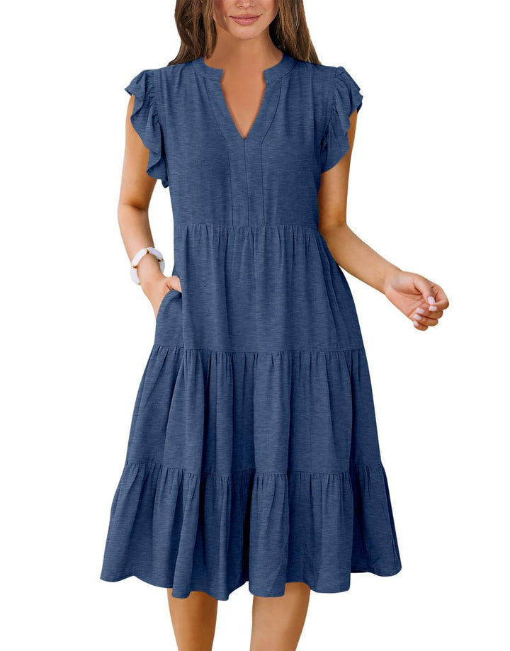 ANRABESS Womens Summer Ruffle Sleeve V Neck Midi Dress 2024 Fashion Casual Fit Flowy Tiered Boho Beach Vacation Sundress