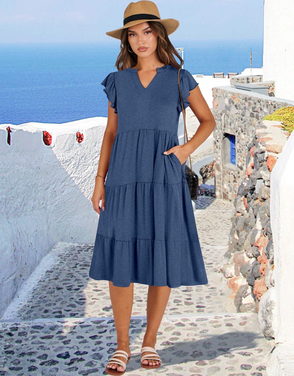 v neck ruffle sleeve midi dress Qolati Summer Dresses for Women Boho V Neck Ruffle Sleeve Midi Dress Casual Stretch High Waist Tiered Pleated Swing Beach Sundress, Women's, Size:
