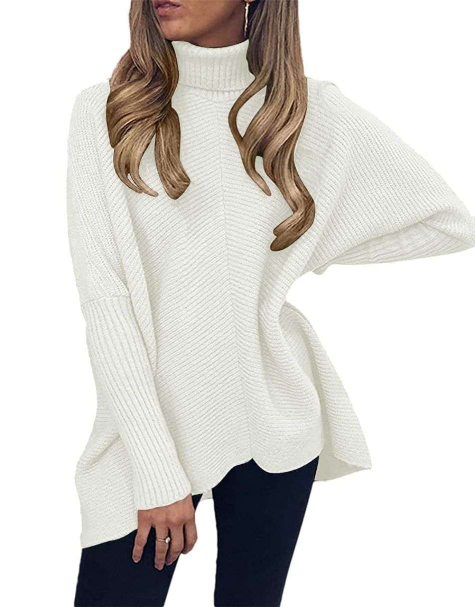 Anrabess womens turtleneck long batwing sleeve asymmetric hem casual pullover sweater knit tops sale