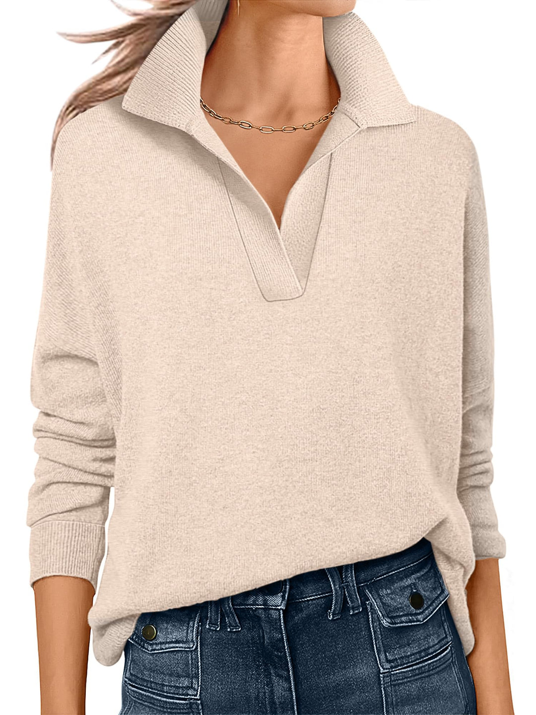 ANRABESS Womens Polo V Neck Long Sleeve Sweaters Lightweight Dressy Casual Business Basic Knit Pullover Top 2025 Fall Outfits