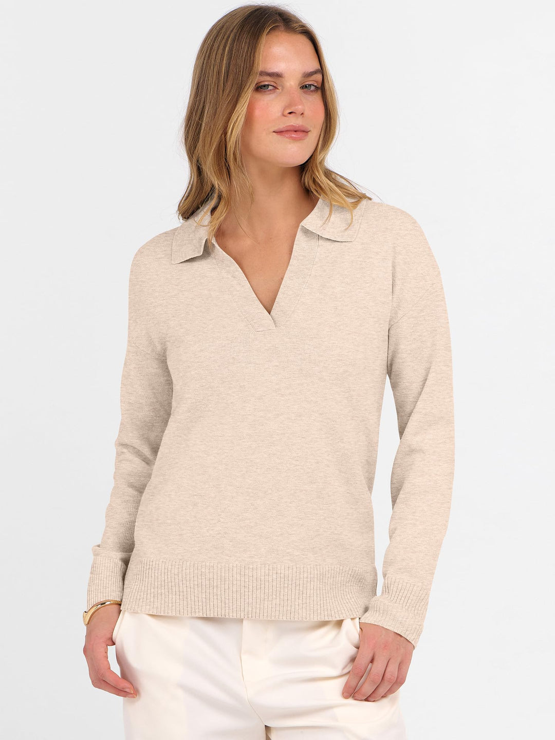 ANRABESS Womens Polo V Neck Long Sleeve Sweaters Lightweight Dressy Casual Business Basic Knit Pullover Top 2025 Fall Outfits