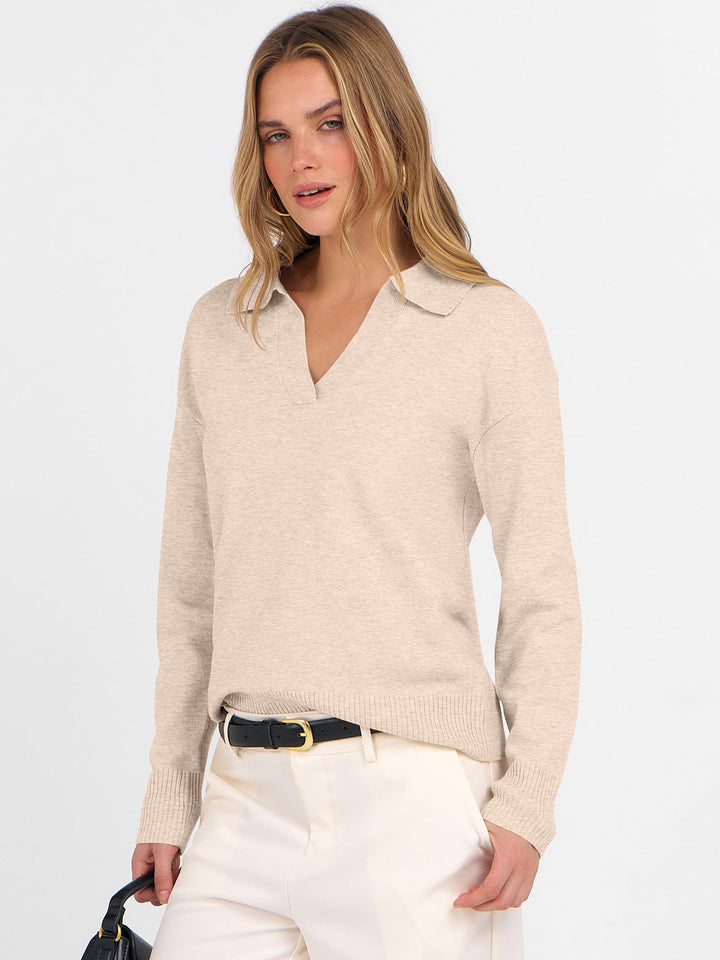 ANRABESS Womens Polo V Neck Long Sleeve Sweaters Lightweight Dressy Casual Business Basic Knit Pullover Top 2025 Fall Outfits