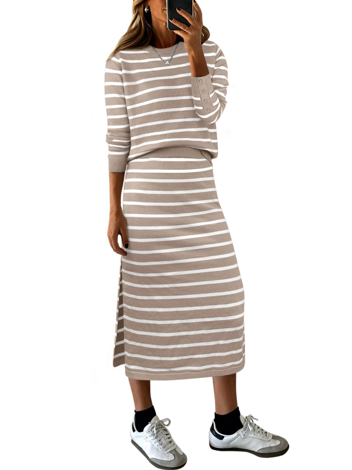 ANRABESS 2 Piece Skirts Sets For Women Fall Fashion 2025 Striped Sweater Midi Dress Knit Lounge Travel Outfits Winter Clothes