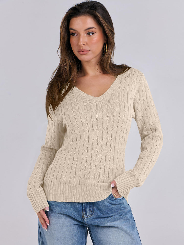 ANRABESS Womens Long Sleeve Cable Knit Sweater 2025 Fall Fashion V Neck Fitted Pullover Top Business Casual Work Fall Outfits
