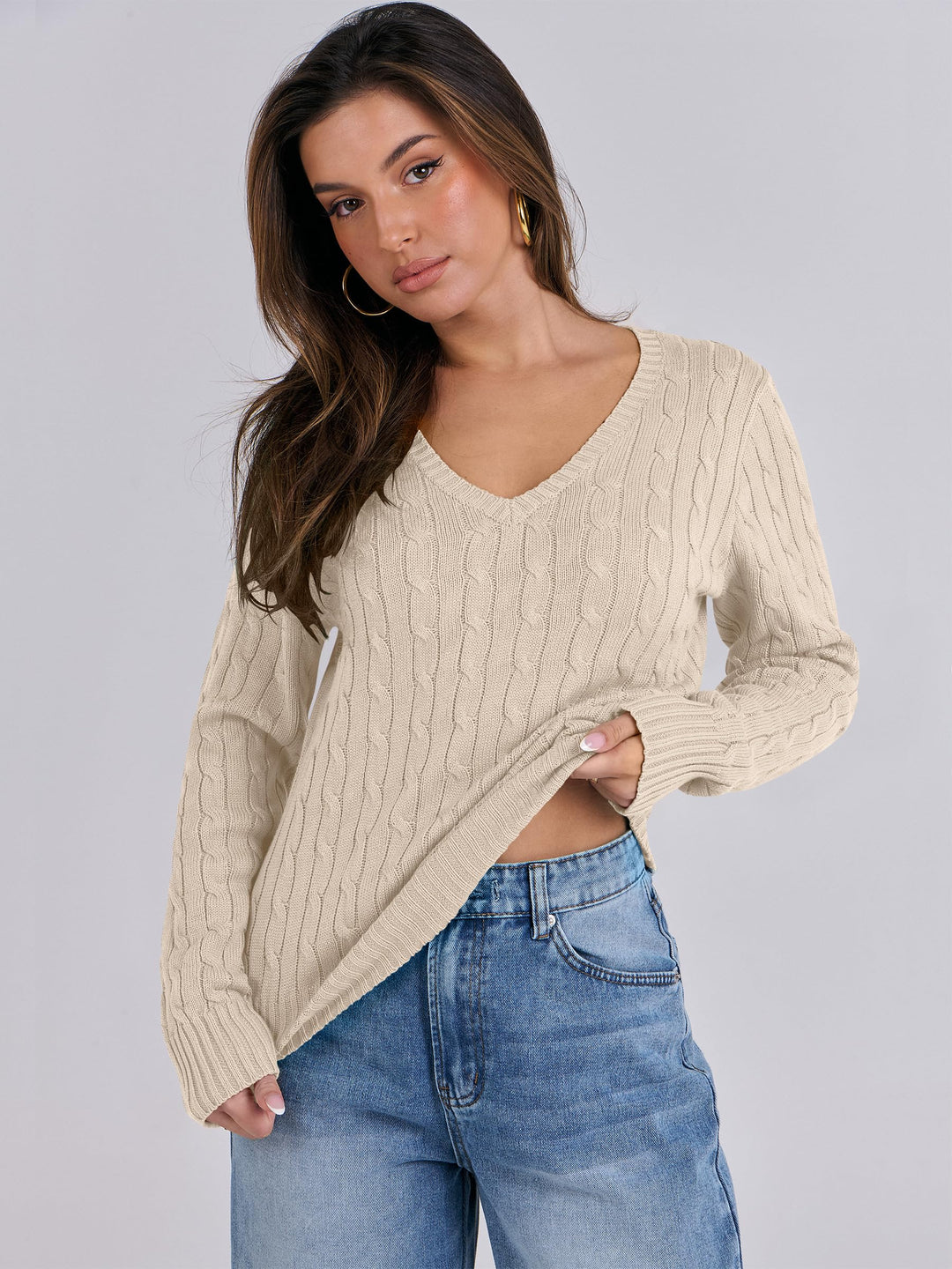 ANRABESS Womens Long Sleeve Cable Knit Sweater 2025 Fall Fashion V Neck Fitted Pullover Top Business Casual Work Fall Outfits