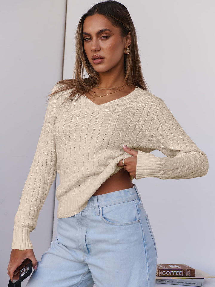 ANRABESS Womens Long Sleeve Cable Knit Sweater 2025 Fall Fashion V Neck Fitted Pullover Top Business Casual Work Fall Outfits