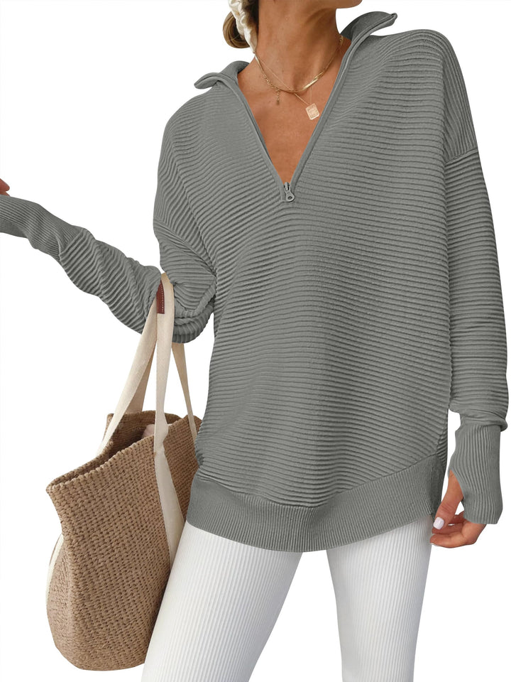 ANRABESS Womens Long Sleeve Quarter Zip Pullover Sweater Casual Loose V Neck Collared Ribbed Knit Jumper Tops Thumb Hole