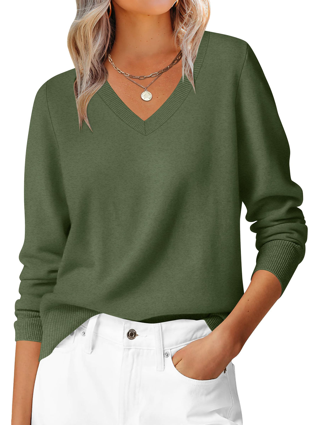 ANRABESS Womens Long Sleeve V Neck Sweaters 2025 Fall Fashion Wool Blend Work Pullover Top Travel Vacation Outfits