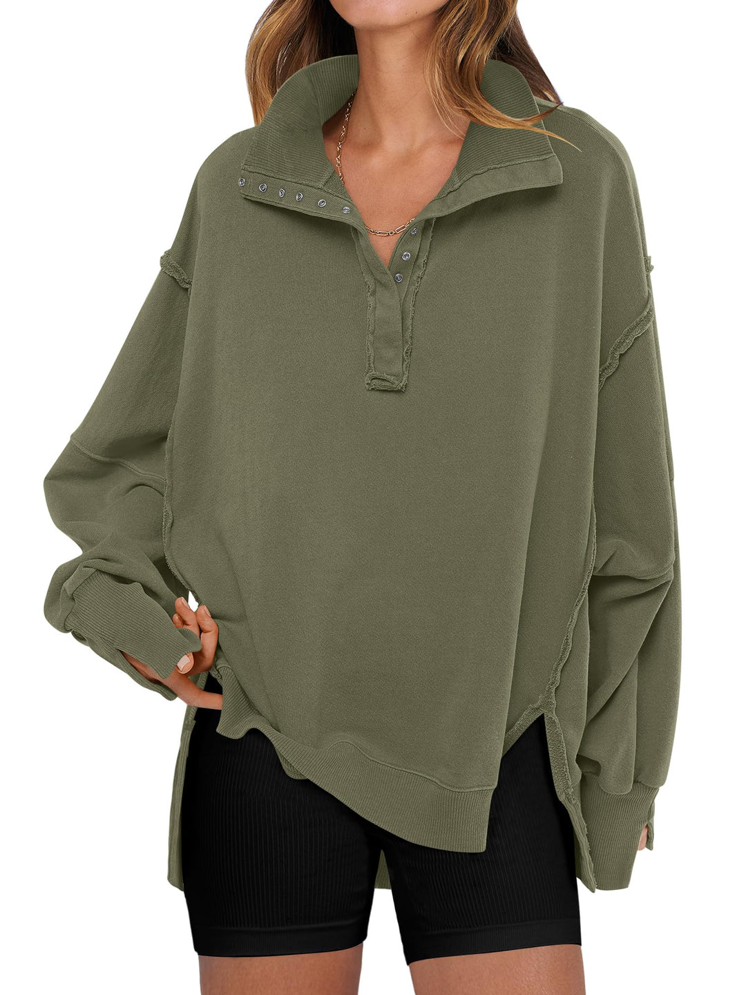 ANRABESS Women's Sweatshirts Oversized Casual Loose Button Up Henley Pullover Top High Low Split 2025 Fall Fashion Outfits