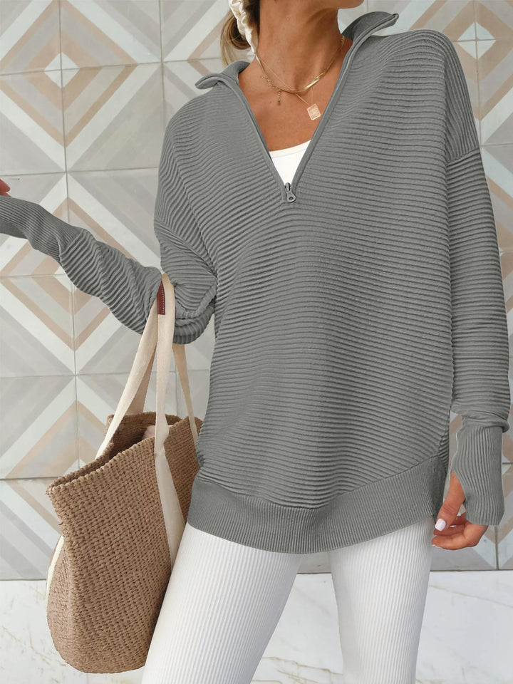 ANRABESS Womens Long Sleeve Quarter Zip Pullover Sweater Casual Loose V Neck Collared Ribbed Knit Jumper Tops Thumb Hole