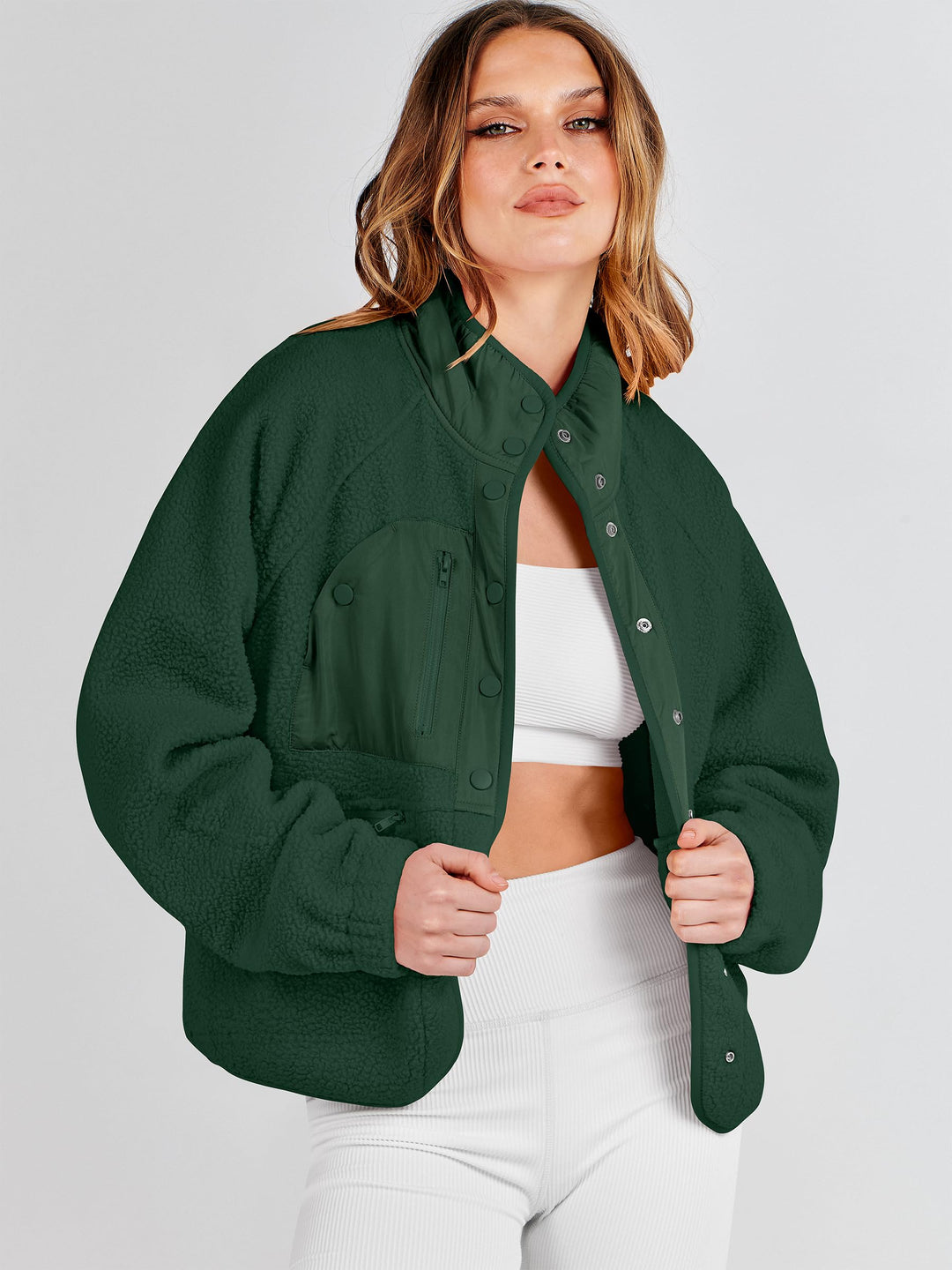 ANRABESS Womens Fuzzy Fleece Jacket Fall Casual Long Sleeve Cropped Sherpa Button Down Shacket Coats Outwear With Pockets