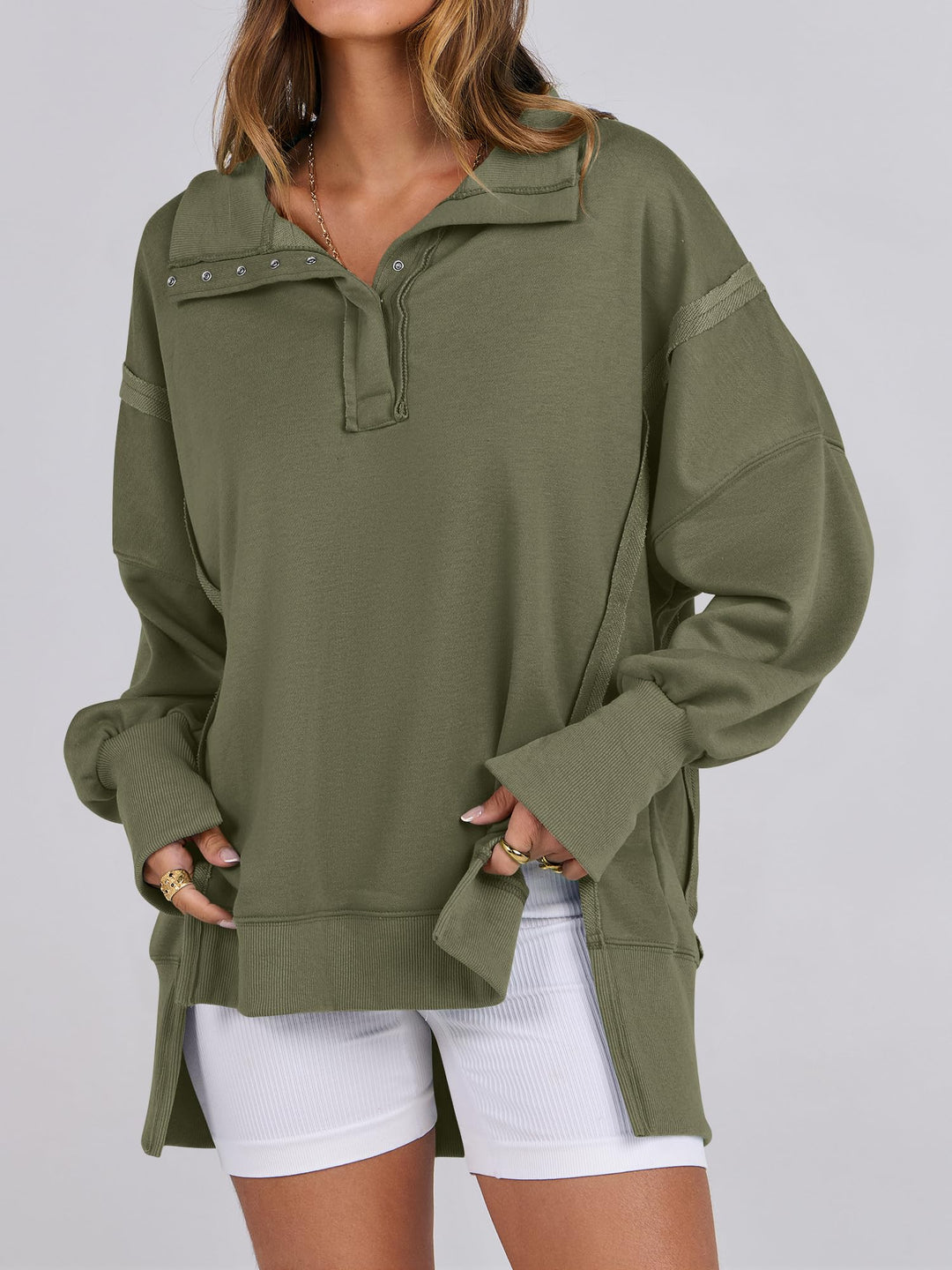 ANRABESS Women's Sweatshirts Oversized Casual Loose Button Up Henley Pullover Top High Low Split 2025 Fall Fashion Outfits