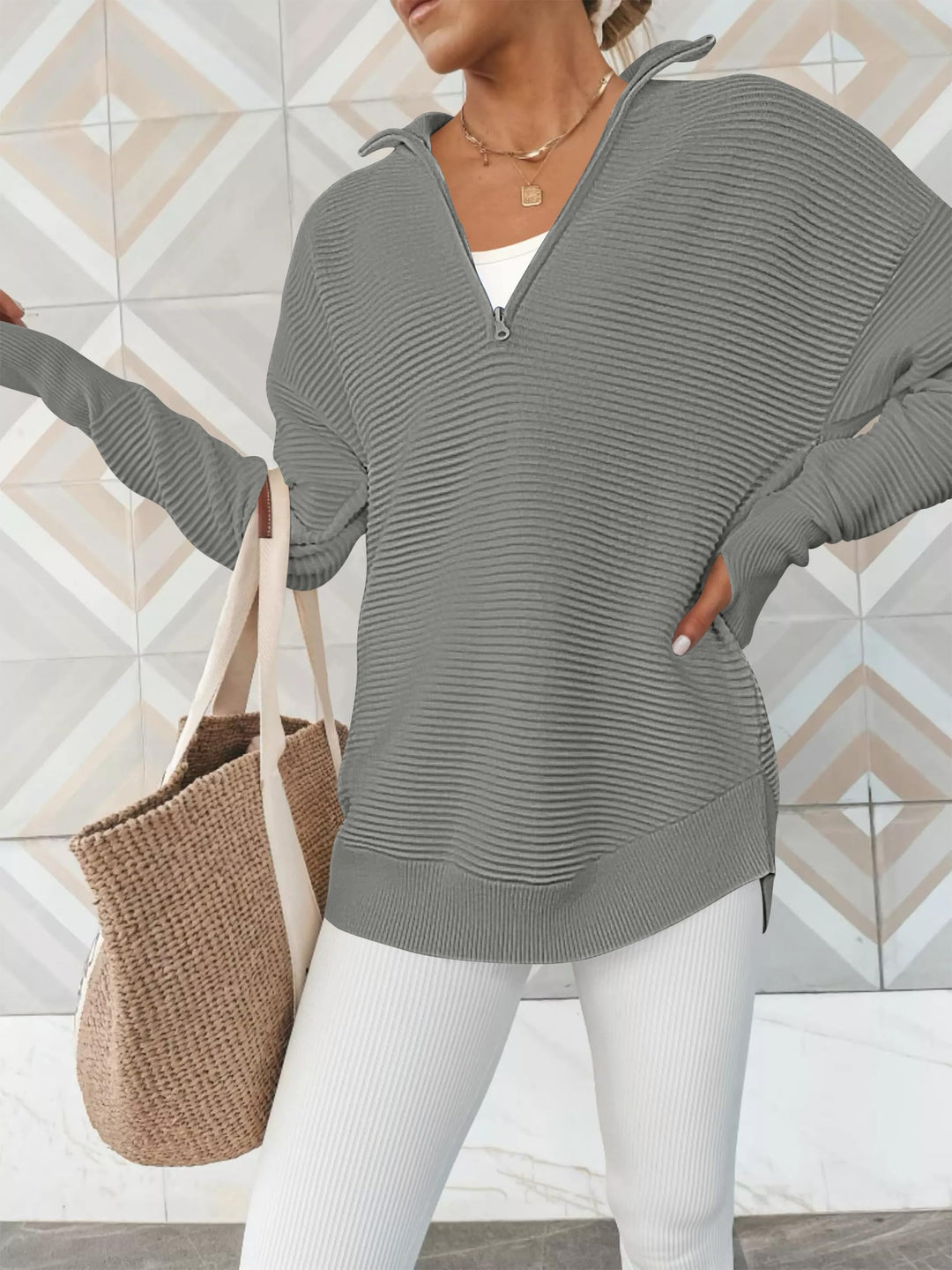 ANRABESS Womens Long Sleeve Quarter Zip Pullover Sweater Casual Loose V Neck Collared Ribbed Knit Jumper Tops Thumb Hole