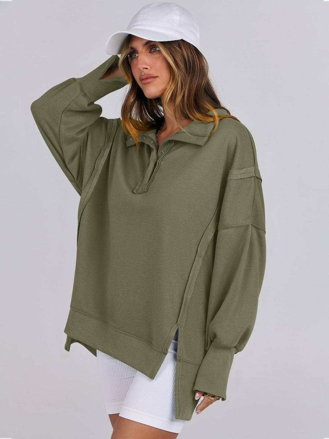 ANRABESS Women's Sweatshirts Oversized Casual Loose Button Up Henley Pullover Top High Low Split 2025 Fall Fashion Outfits