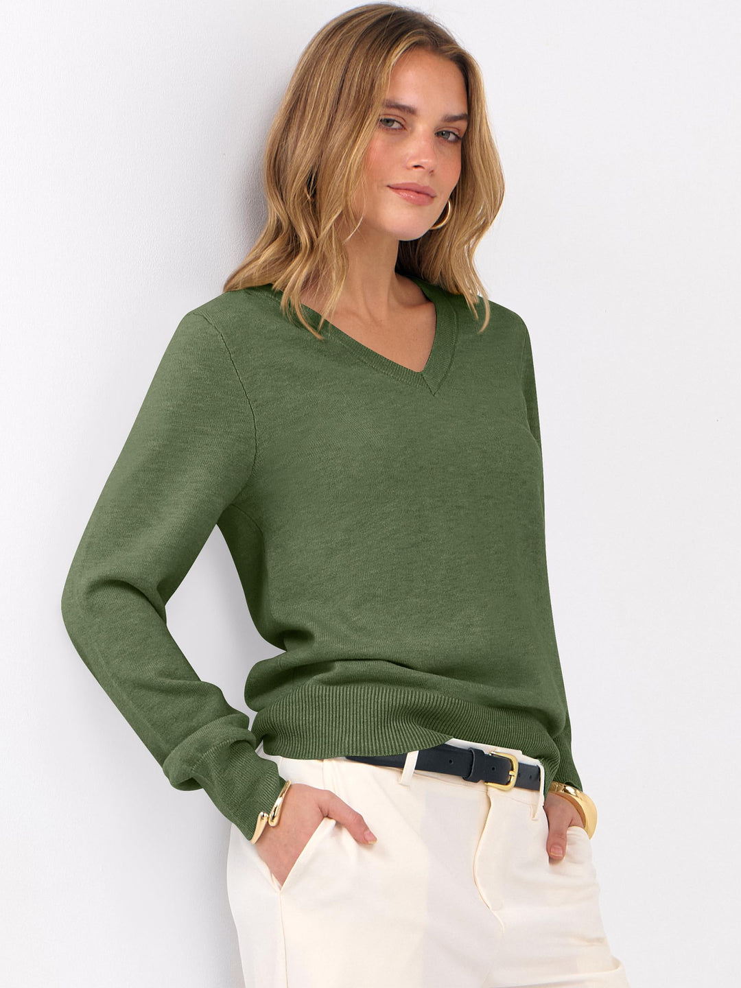 ANRABESS Womens Long Sleeve V Neck Sweaters 2025 Fall Fashion Wool Blend Work Pullover Top Travel Vacation Outfits