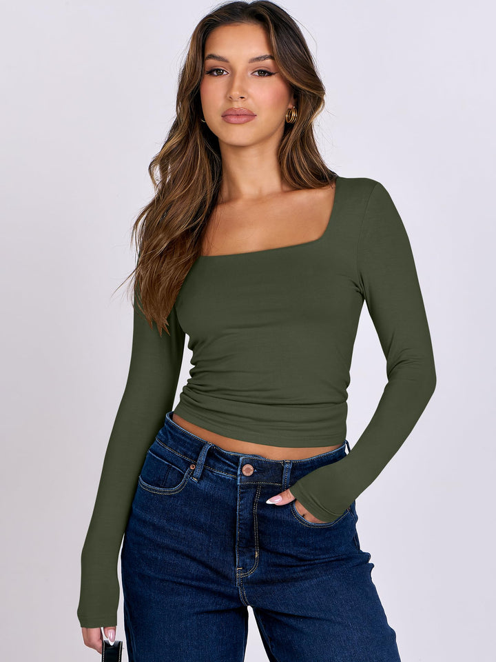 ANRABESS Women Long Sleeve Shirts Crop Tops Double Lined Square Neck Tight Fitted Going Out Basic Tee 2025 Y2K Fall Outifis