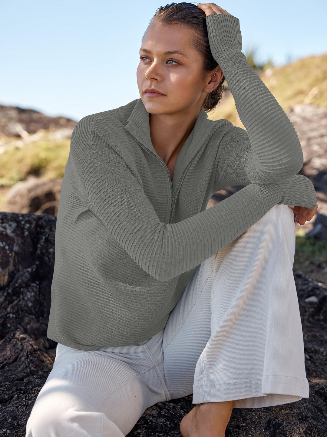 ANRABESS Womens Long Sleeve Quarter Zip Pullover Sweater Casual Loose V Neck Collared Ribbed Knit Jumper Tops Thumb Hole