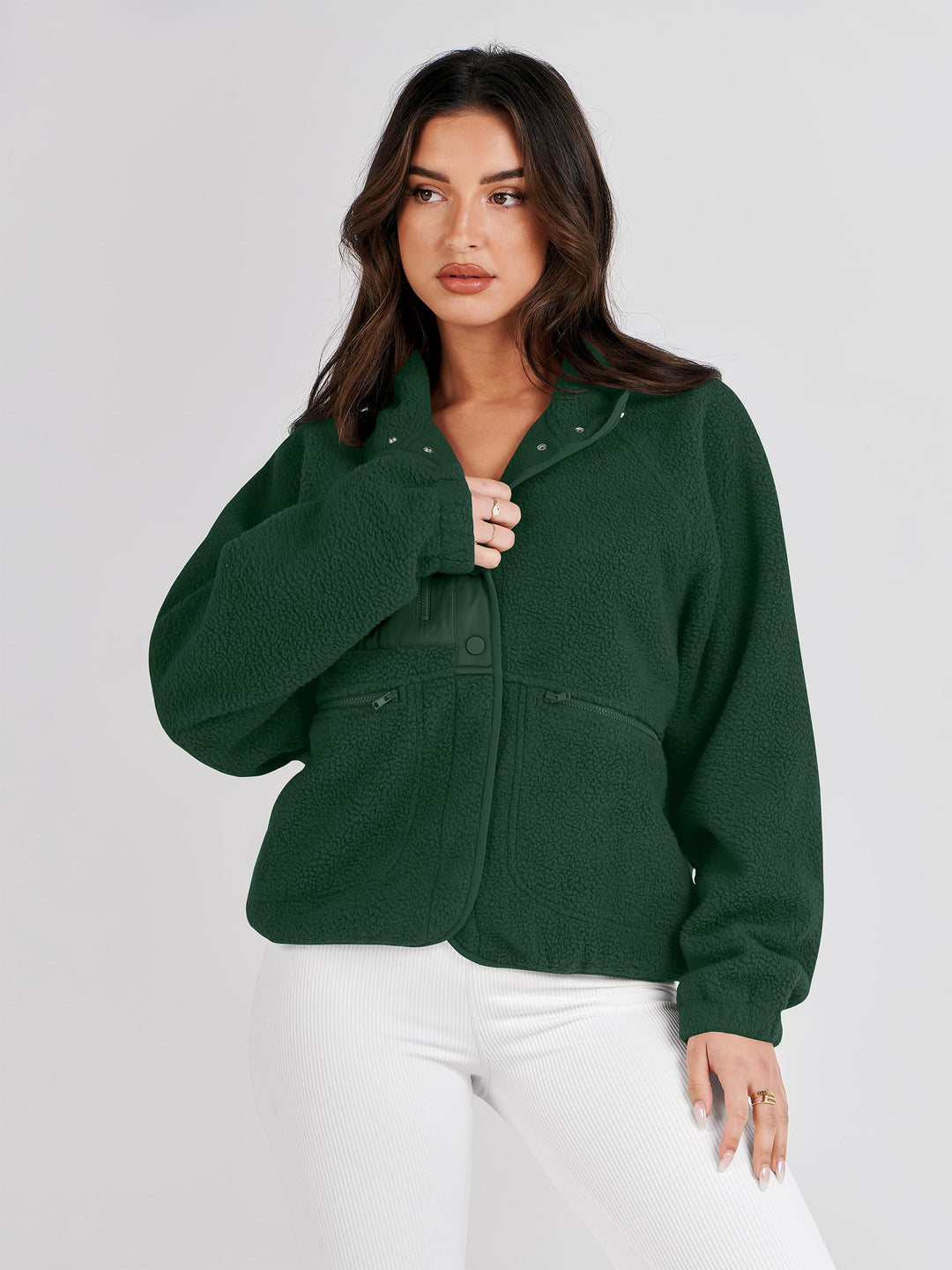 ANRABESS Womens Fuzzy Fleece Jacket Fall Casual Long Sleeve Cropped Sherpa Button Down Shacket Coats Outwear With Pockets