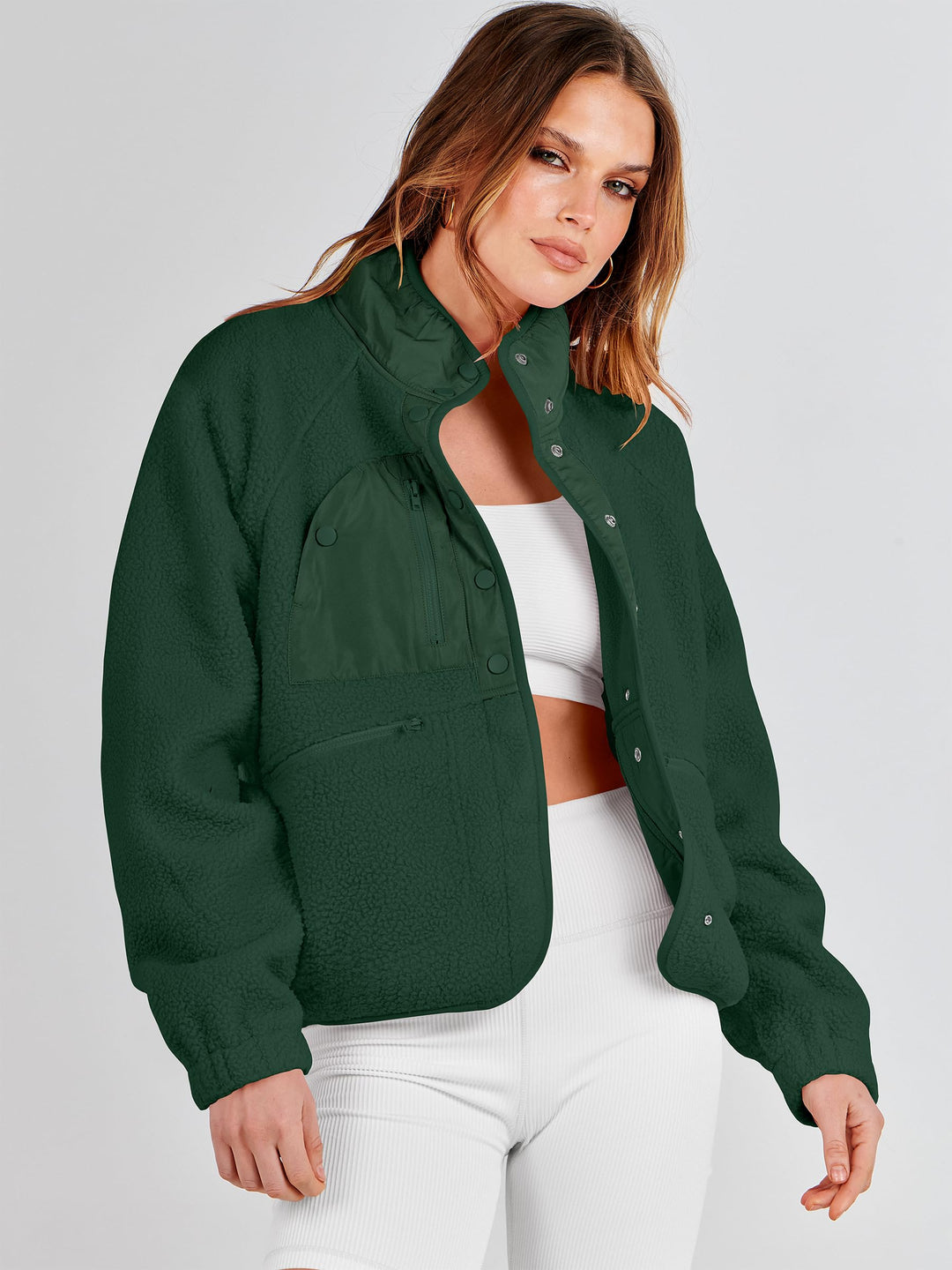 ANRABESS Womens Fuzzy Fleece Jacket Fall Casual Long Sleeve Cropped Sherpa Button Down Shacket Coats Outwear With Pockets