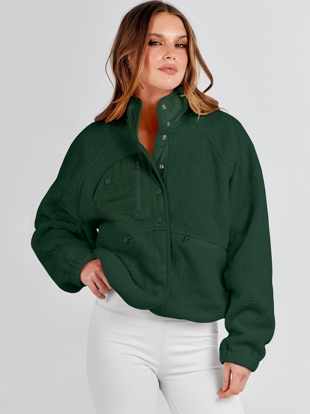 ANRABESS Womens Fuzzy Fleece Jacket Fall Casual Long Sleeve Cropped Sherpa Button Down Shacket Coats Outwear With Pockets