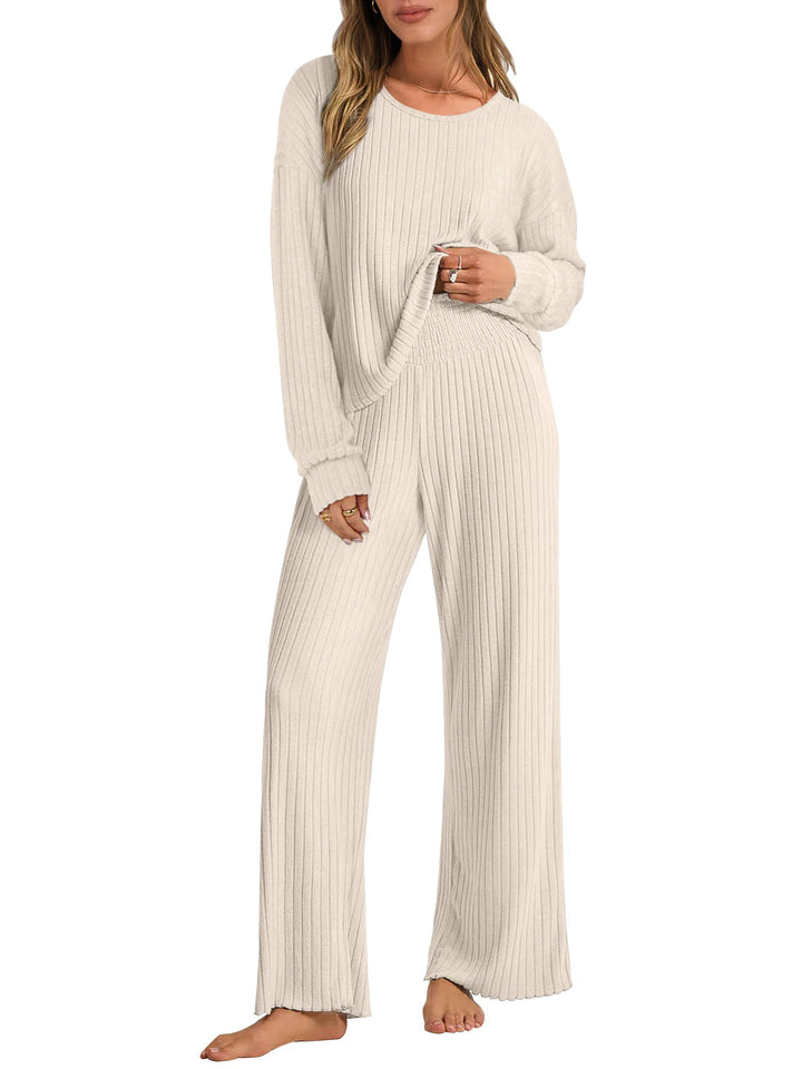 ANRABESS Women 2 Piece Lounge Pajamas Sets Casual Ribbed Knit Long Sleeve Top Pants Matching Set 2025 Fall Outfits Clothes
