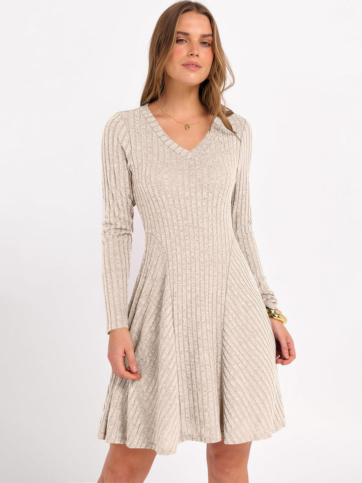 ANRABESS Women Long Sleeve Ribbed Knit Short Dresses 2025 Fall Winter V Neck Casual Swing A Line Sweater Dress