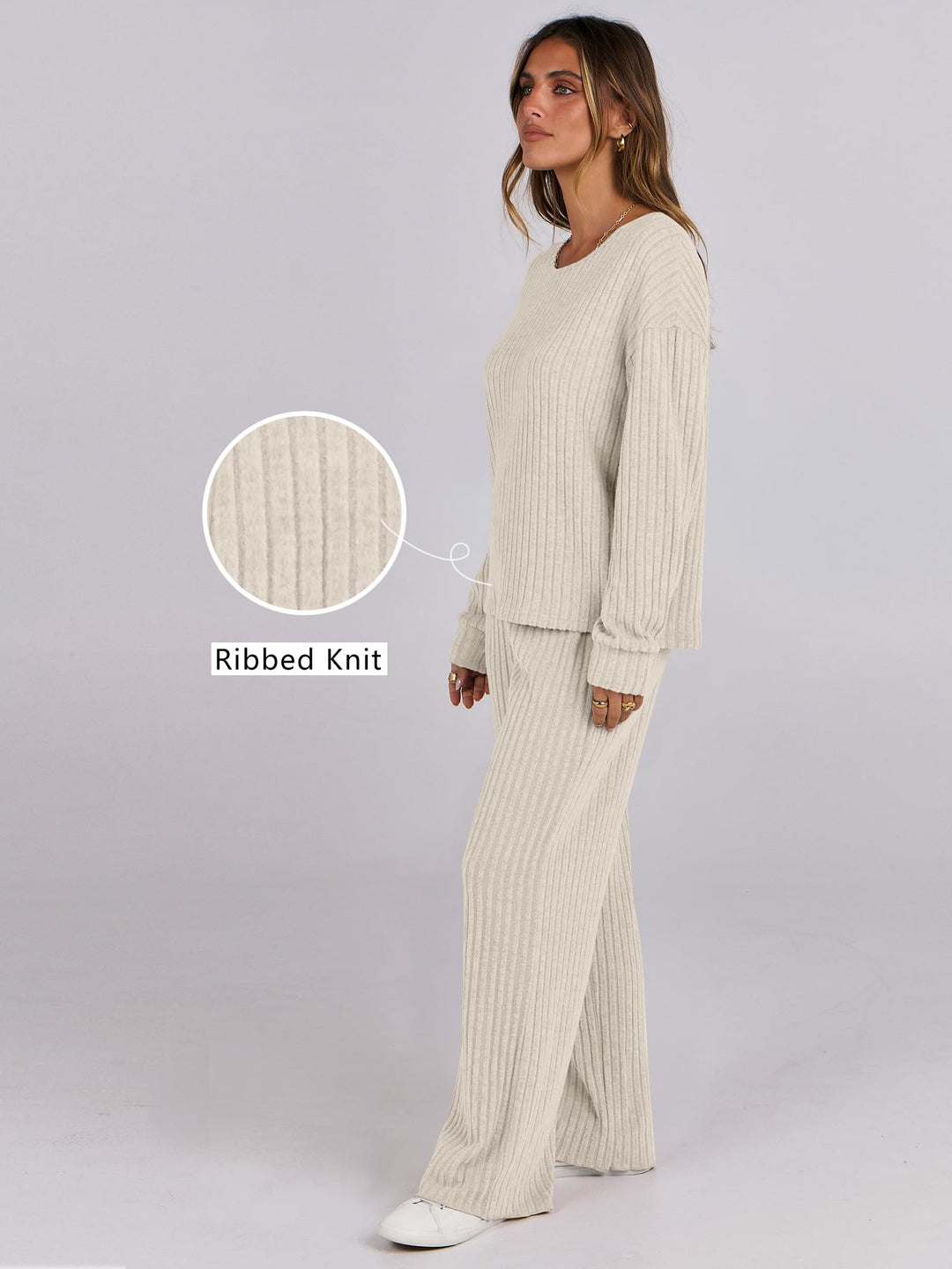 ANRABESS Women 2 Piece Lounge Pajamas Sets Casual Ribbed Knit Long Sleeve Top Pants Matching Set 2025 Fall Outfits Clothes