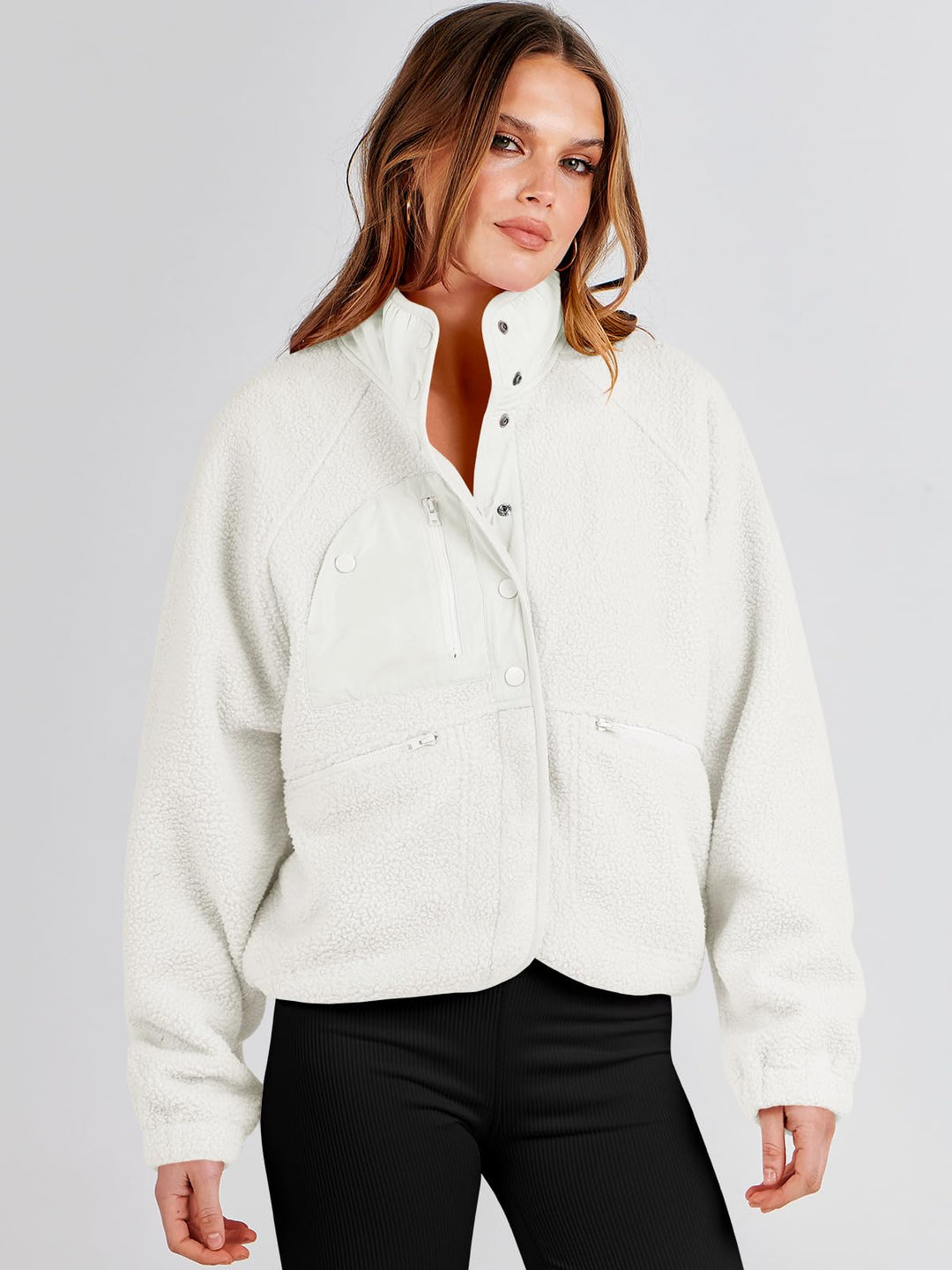 ANRABESS Womens Fuzzy Fleece Jacket Fall Casual Long Sleeve Cropped Sherpa Button Down Shacket Coats Outwear With Pockets