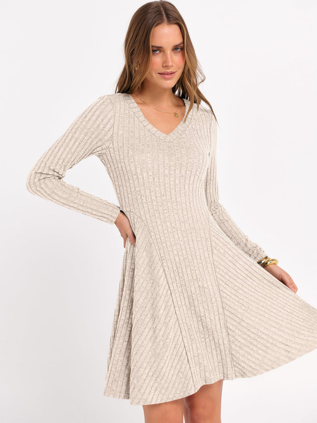 ANRABESS Women Long Sleeve Ribbed Knit Short Dresses 2025 Fall Winter V Neck Casual Swing A Line Sweater Dress