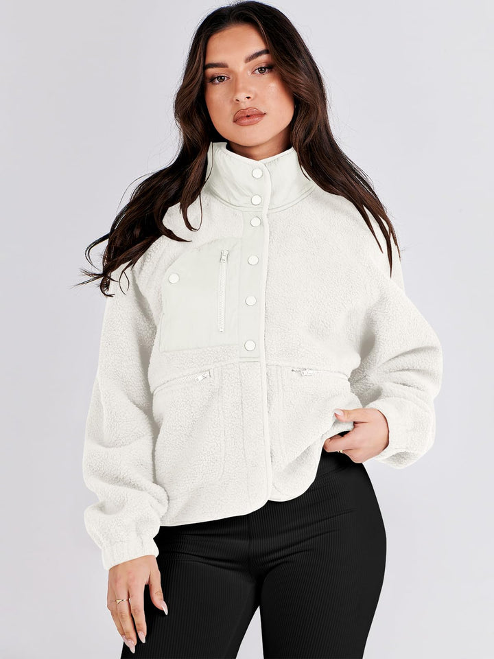 ANRABESS Womens Fuzzy Fleece Jacket Fall Casual Long Sleeve Cropped Sherpa Button Down Shacket Coats Outwear With Pockets