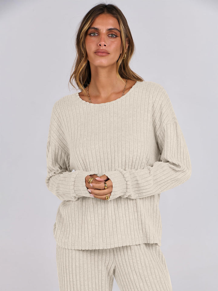 ANRABESS Women 2 Piece Lounge Pajamas Sets Casual Ribbed Knit Long Sleeve Top Pants Matching Set 2025 Fall Outfits Clothes