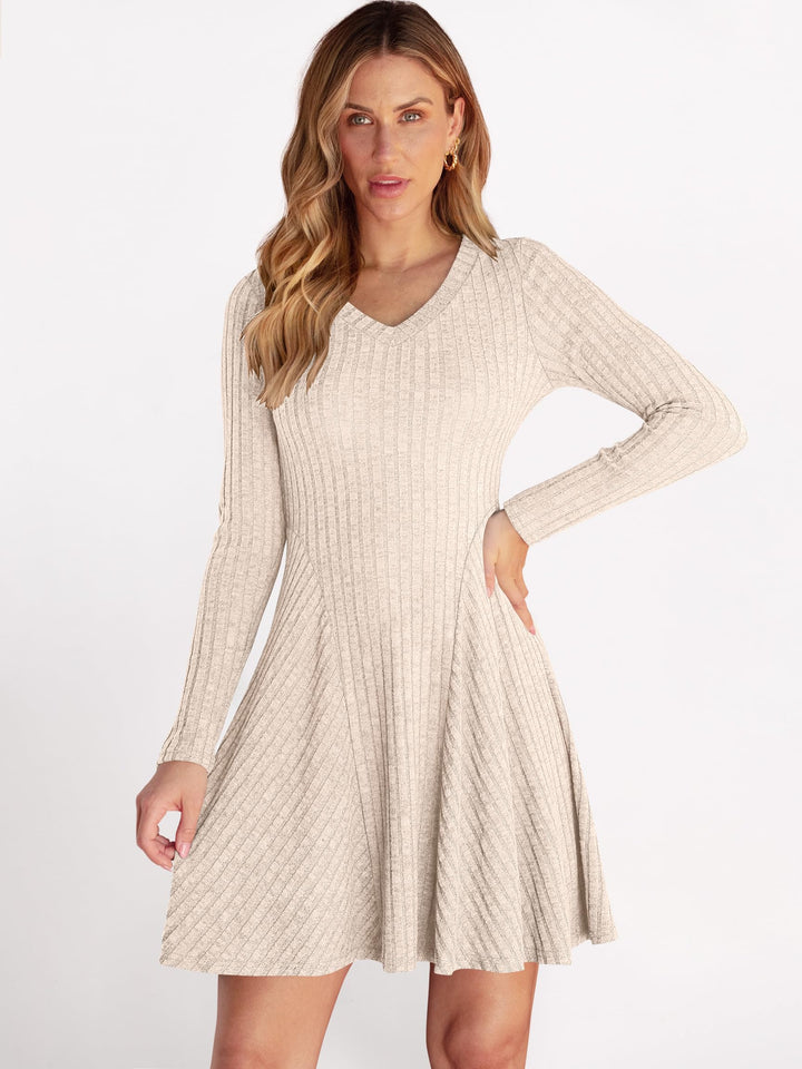 ANRABESS Women Long Sleeve Ribbed Knit Short Dresses 2025 Fall Winter V Neck Casual Swing A Line Sweater Dress