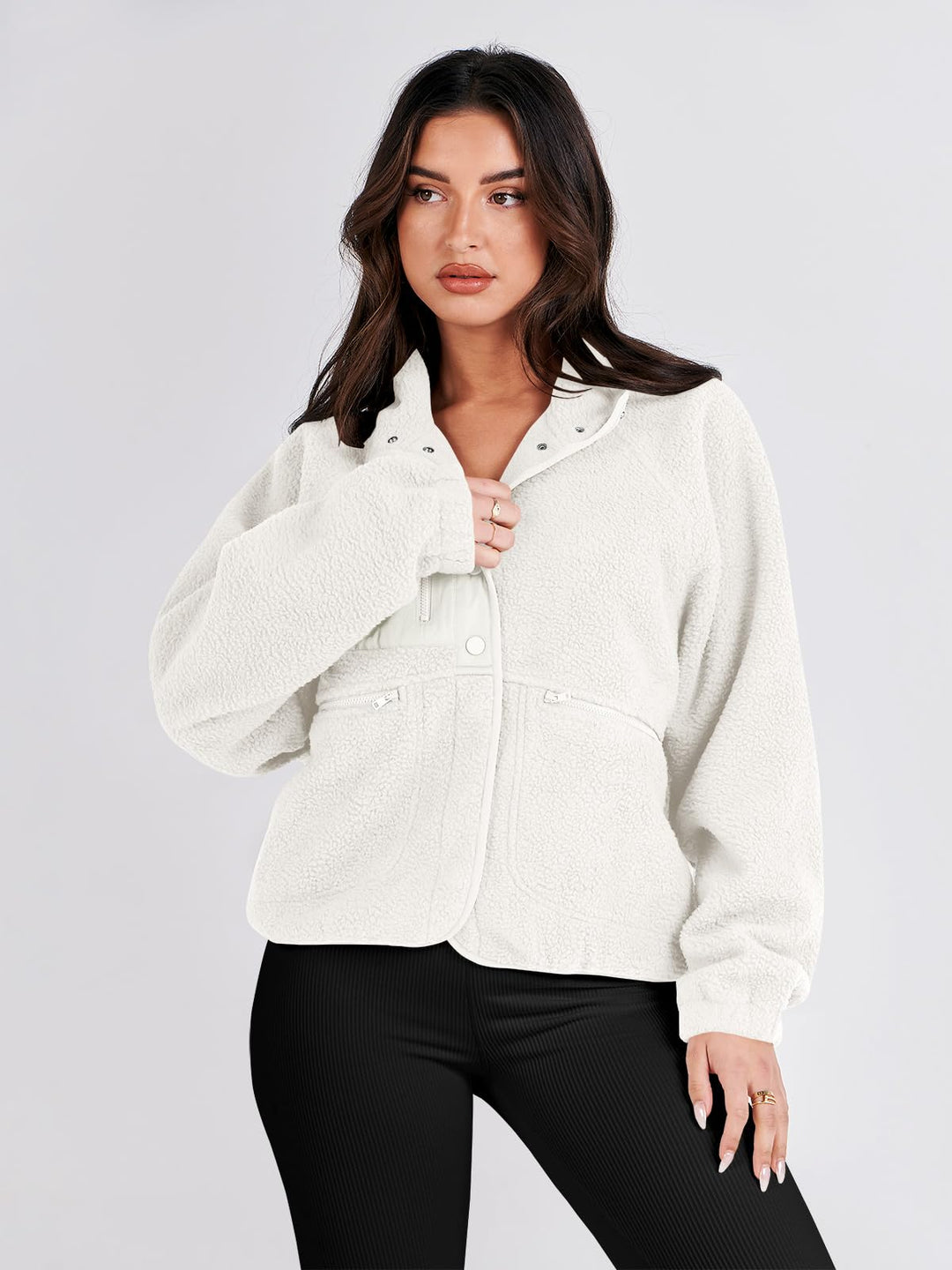 ANRABESS Womens Fuzzy Fleece Jacket Fall Casual Long Sleeve Cropped Sherpa Button Down Shacket Coats Outwear With Pockets