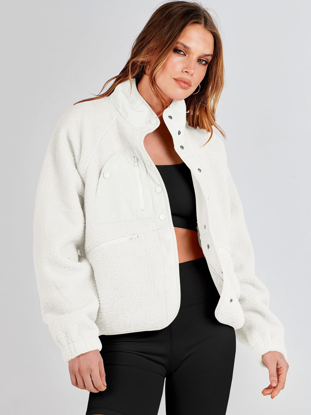 ANRABESS Womens Fuzzy Fleece Jacket Fall Casual Long Sleeve Cropped Sherpa Button Down Shacket Coats Outwear With Pockets