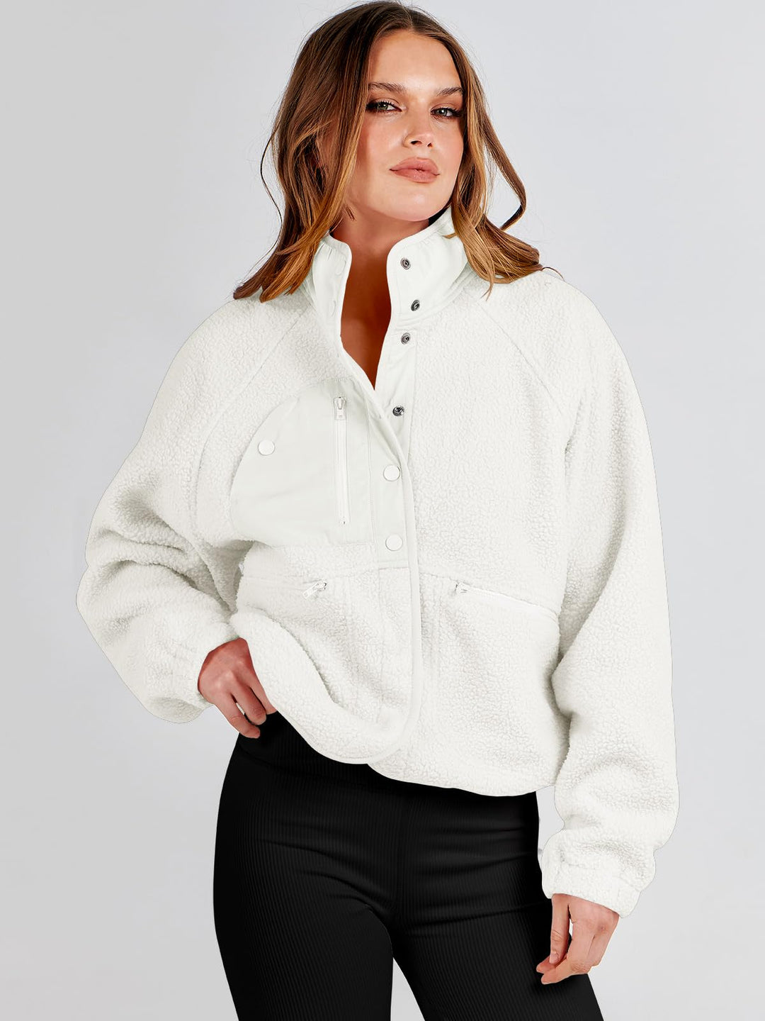 ANRABESS Womens Fuzzy Fleece Jacket Fall Casual Long Sleeve Cropped Sherpa Button Down Shacket Coats Outwear With Pockets