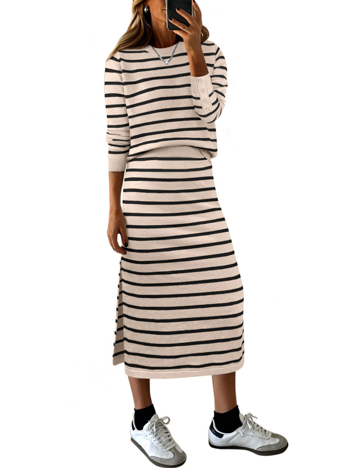 ANRABESS 2 Piece Skirts Sets For Women Fall Fashion 2025 Striped Sweater Midi Dress Knit Lounge Travel Outfits Winter Clothes