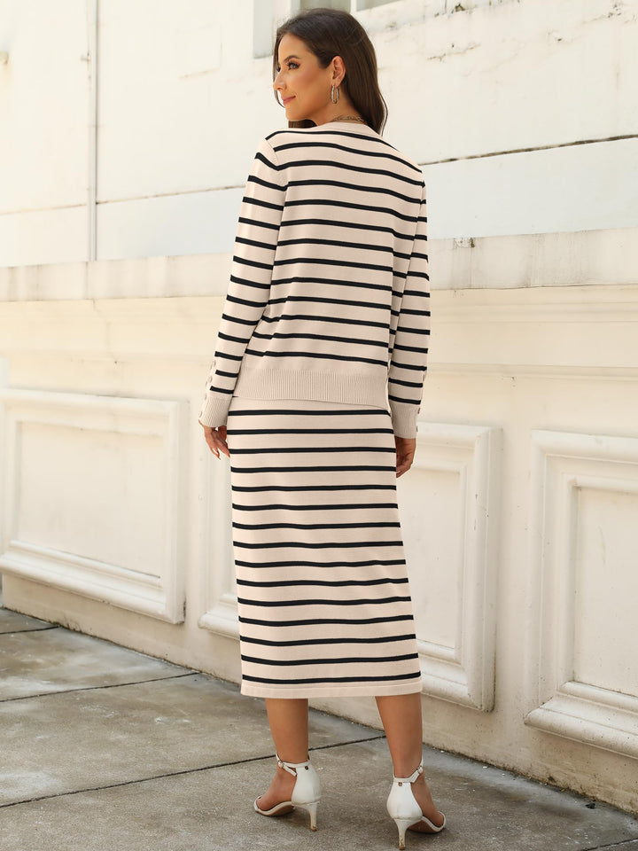 ANRABESS 2 Piece Skirts Sets For Women Fall Fashion 2025 Striped Sweater Midi Dress Knit Lounge Travel Outfits Winter Clothes